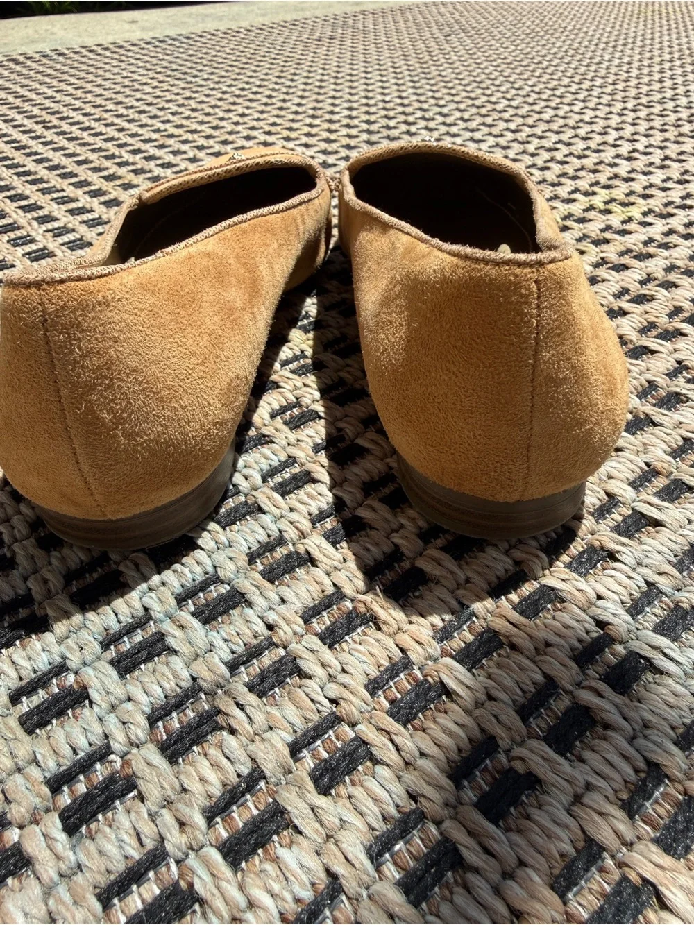 Anne Klein tan Camel Suede Slip-On Loafers with gold crest luxury